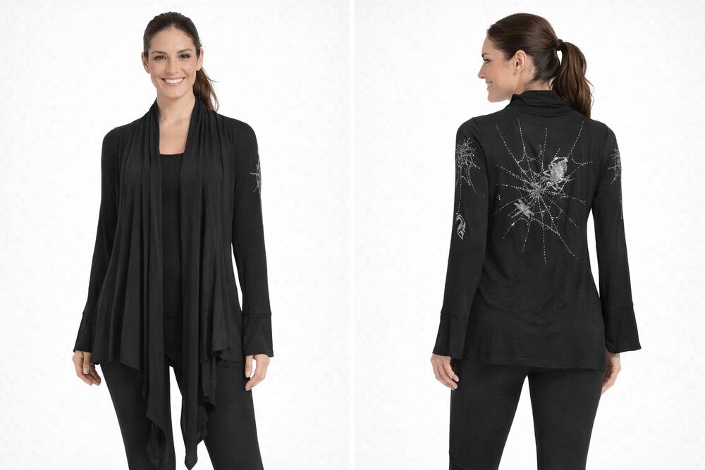Vegas Royalty Black Spider Web Rhinestone Open Front Cardigan Top Size M